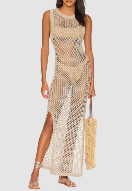 Boho Crochet Beach Dress - Backless Hollow Knit Swimwear
