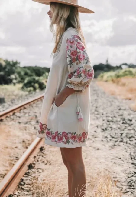 Boho Floral Mini Dress for Women - V-Neck Linen Summer Style