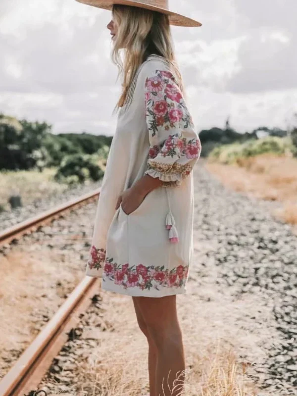 Boho Floral Mini Dress for Women - V-Neck Linen Summer Style