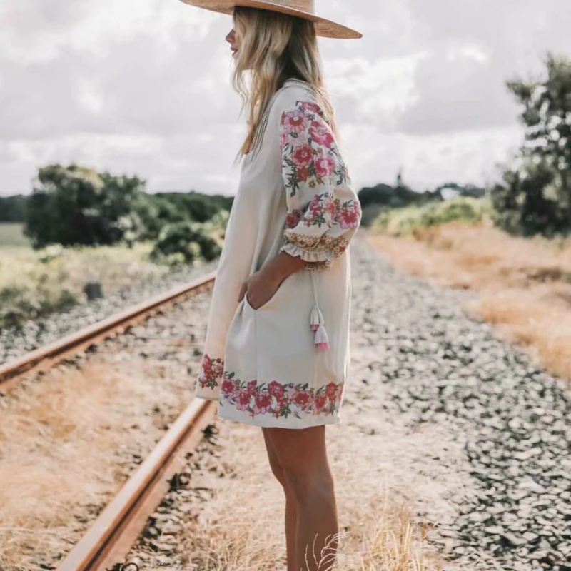 moops0268 Boho Floral Mini Dress for Women - V-Neck Linen Summer Style