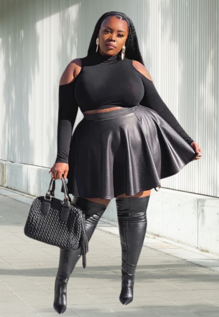 Elegant Black Leather A-Line Skirt - Empire Waist Summer Fashion