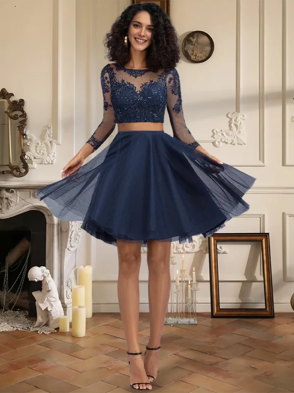 Dark Navy A-Line Homecoming Dress with Lace & Tulle Elegance