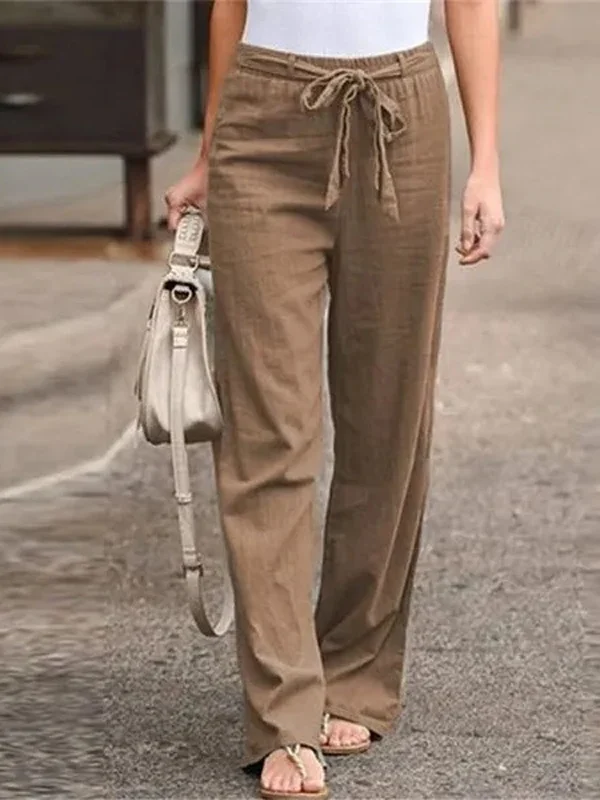 Women Cotton Linen Pants Summer Fashion Elastic Waist Loose Straight Pants Female Casual Solid Color Ankle-length Trousers