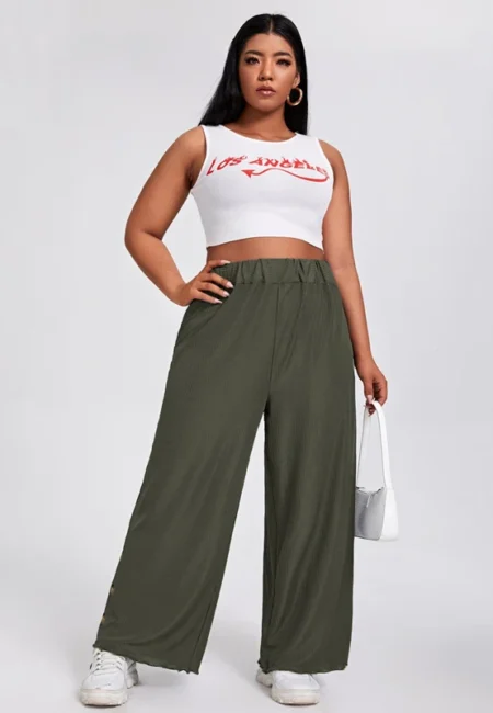 Elegant Button Detail Wide Leg Pants - Elastic Waist Summer