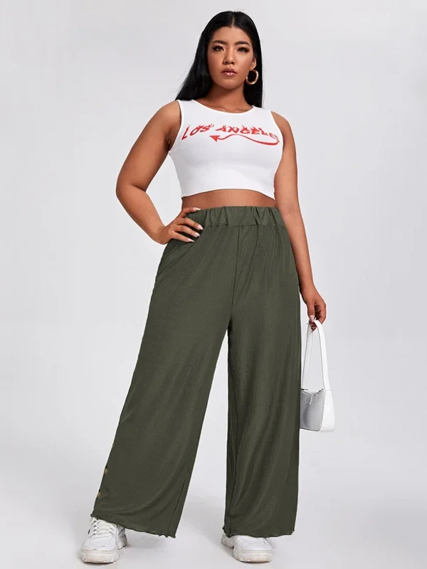 Plus Size Elastic Waist Summer Elegant Wide Leg Pants Women Button Design Loose Casual Straight Pants Trousers Bottoms 6XL 7XL