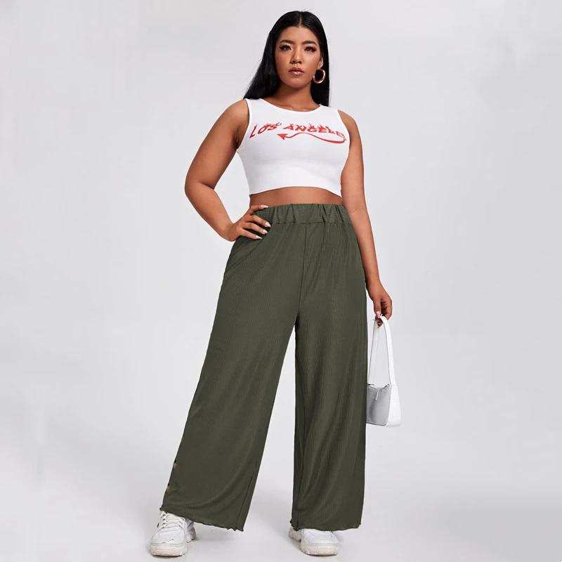 Kf-H0A990F0C196E4C65Bf02C46F0Bcb725D7 Elegant Button Detail Wide Leg Pants - Elastic Waist Summer