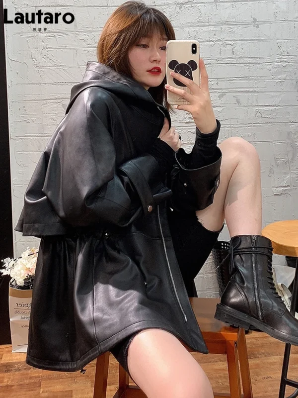 Lautaro Women's Black Oversized Leather Jacket with Hood