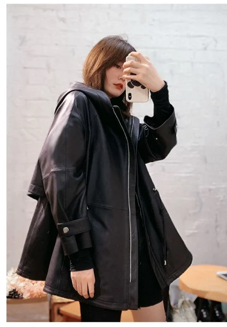 Lautaro Women's Black Oversized Leather Jacket with Hood