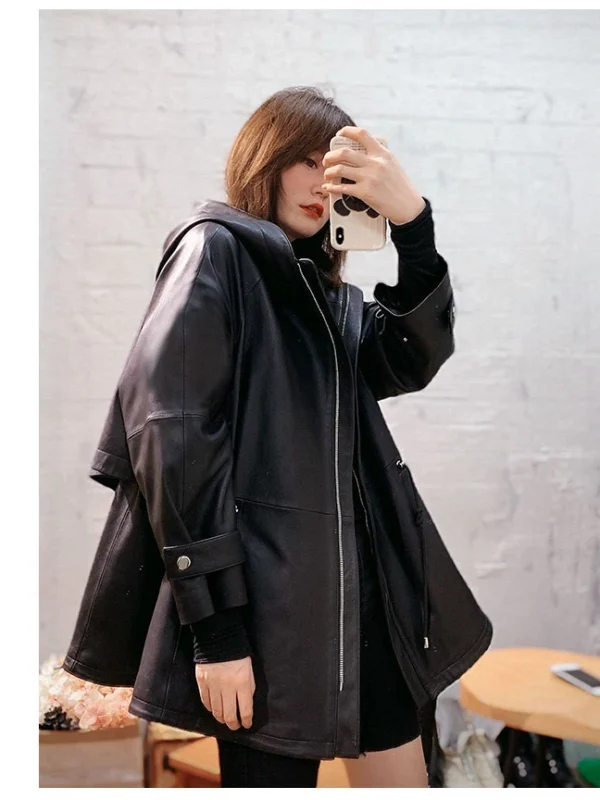 Lautaro Women's Black Oversized Leather Jacket with Hood