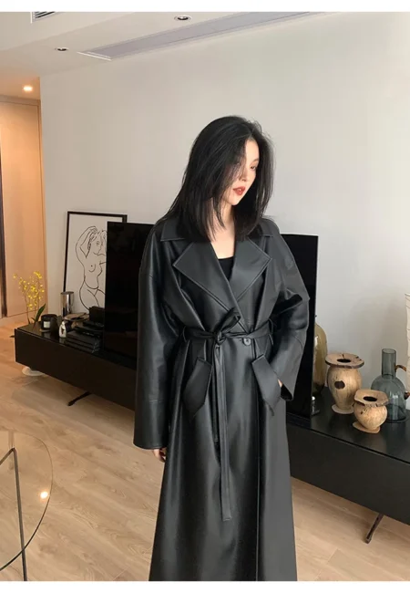 Luxe Black Faux Leather Trench Coat Women Long Adjustable