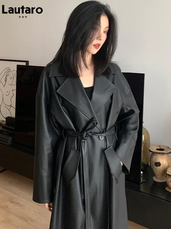 Chic Lautaro Long Black Faux Leather Trench Coat for Women