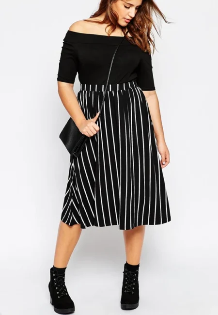 Elegant Striped A-Line Midi Skirt - Comfort Fit Curves 4 XL-8 XL