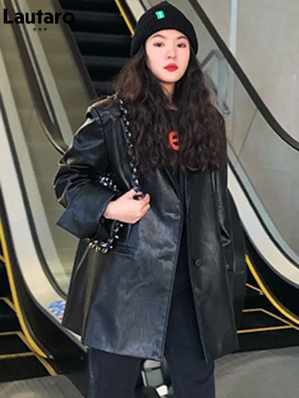 Avocado Green Oversized PU Leather Blazer for Chic Elegance