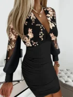 Elegant Deep V-Neck Mini Dress with Puff Sleeves for All Occasions - Image 4