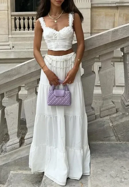 Effortless Elegance: Classic White Sleeveless Vest & Maxi Skirt Set