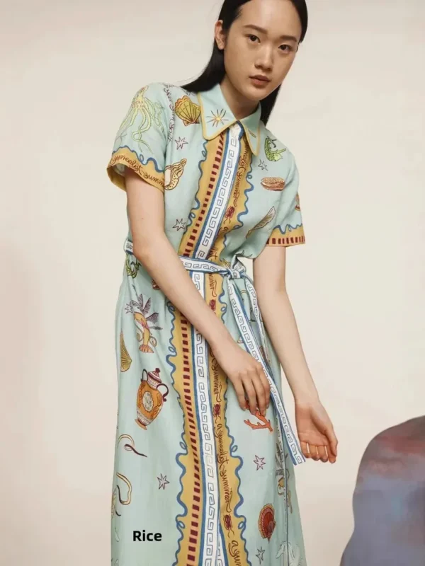Chic Graffiti Linen Dress with Lantern Sleeves for Effortless Style