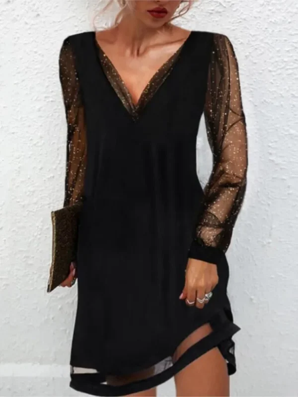 Elegant Black Mesh Midi Dress with Deep V-Neck & Sequins