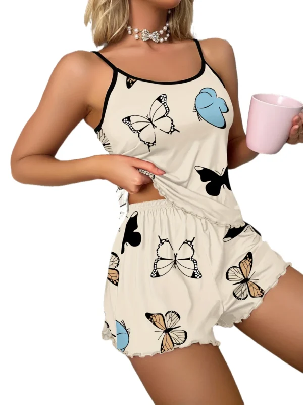 Elegant Butterfly Print Pajama Set with Cami & Shorts