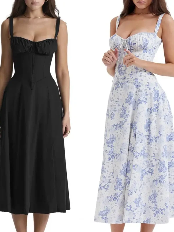 Comfortable Midi Dress for Women Sleeveless Party Dress Elegant Lace-up Bandeau Dress with Corset Design Side Split Hem Women's