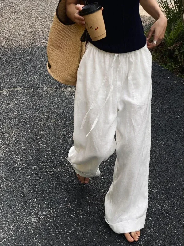 Elegant White High Waist Cotton Linen Summer Pants for Women