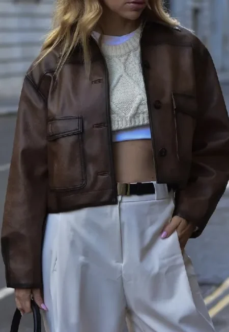 American Retro Drop-Shoulder PU Leather Jacket Brown Gradient