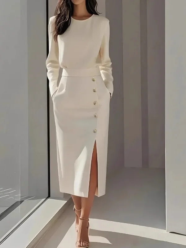 Chic A-Line Autumn Dress with Button Details for Women