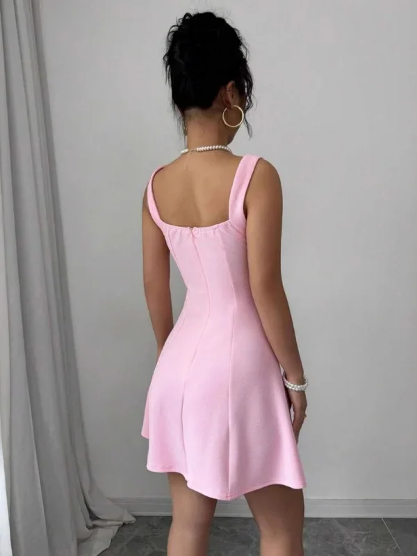 Chic Pink A-Line Dress with Square Neck & Pearl Accents