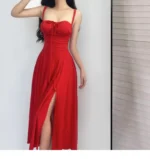 Elegant Red Midi Dress with Square Neck & High Waist Design - Image 7