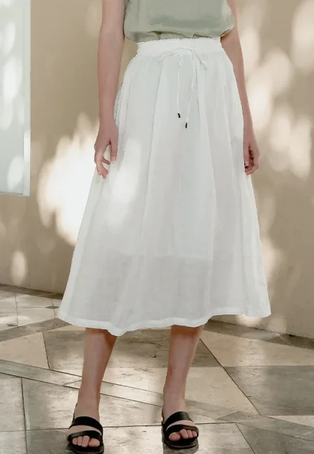 Luxurious Cotton Linen Midi Skirt High Waist Drawstring White