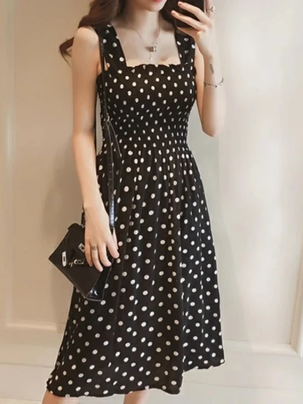 Women Summer Sleeveless Dot Dress  Backless A-Line Spaghetti Strap Beach Style Dresses Camisole Off-Shoulder Folds Vestidos