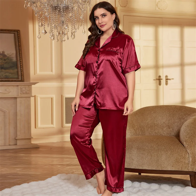Kf-S22Af1F59D394482A83Af9Af0Ac2Bcfe4S Luxurious V-Neck Silk-Feel Pajama Set - Summer Loungewear Xl-5 Xl