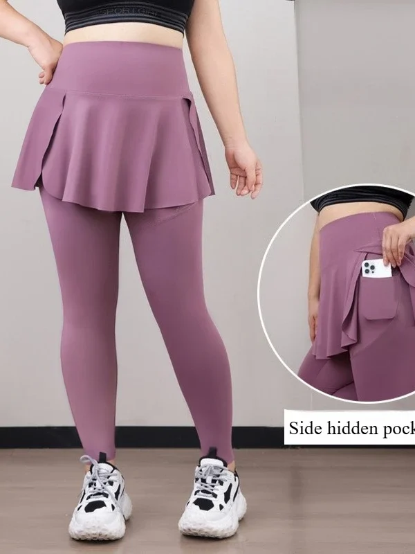 Plus Size High-Waisted Yoga Leggings with Skirt & Pockets
