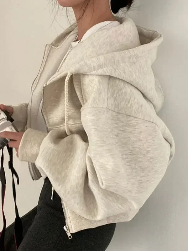 Casual Hood Sweatshirt Women Y2K Zip Up Hoodies Solid Harajuku Long Sleeve Shirt Oversized Crop Tops Female Loose Jackets Coat