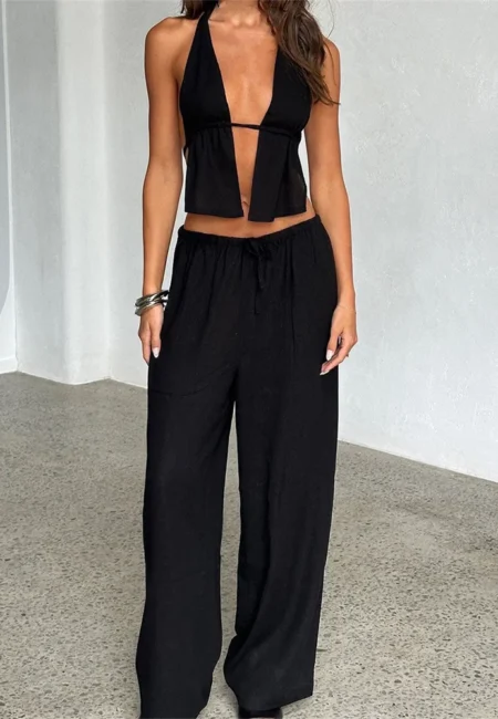 Luxe Halter Backless Top & Wide-Leg Pants Summer Ensemble