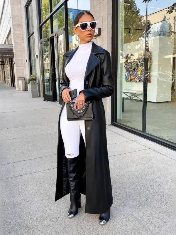 Chic PU Leather Long Sleeve Trench Coat for Stylish Women