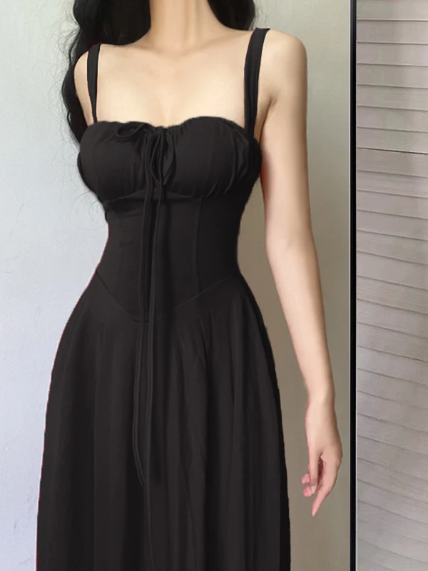 Elegant Red Midi Dress with Square Neck & High Waist Design