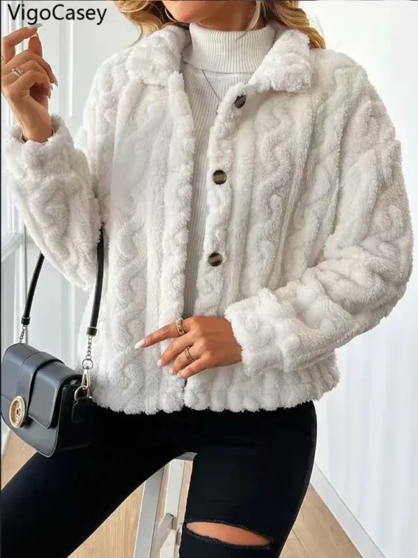 VigoCasey  Women Autumn Long Sleeve Jacket White Single Breasted Thick Plush Warm Coat Winter Loose Cardigan Soft Lady Coat