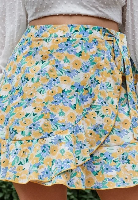 Bright Yellow Plus Size Floral Wrap Skirt for Effortless Elegance