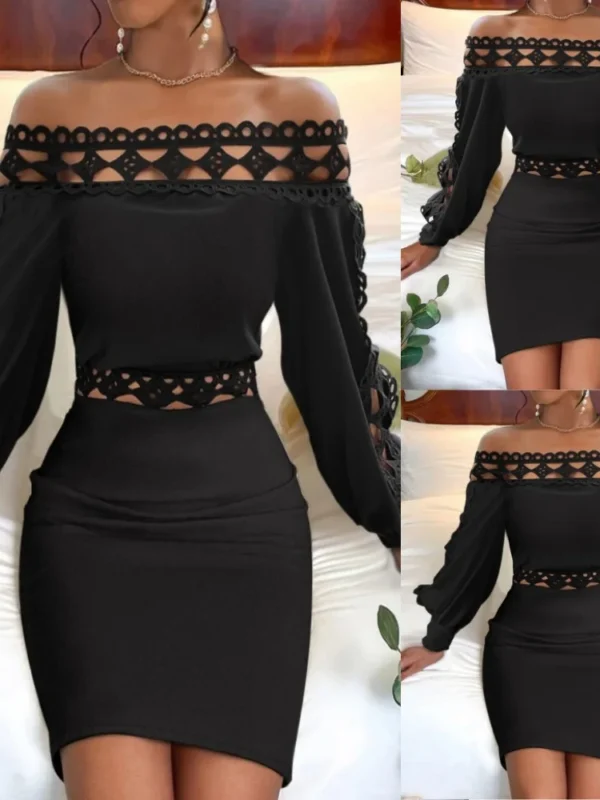 Sophisticated Black Lace Patchwork Autumn Wrap Dress