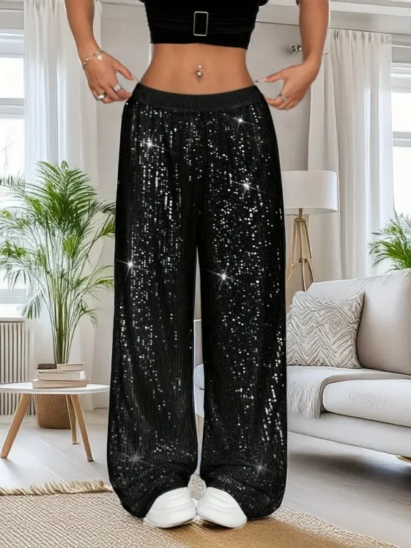 Plus Size 1XL-5XL Women Fashion Sequin Straight Leg Pants Elegant High Waisted Loose Long Trousers
