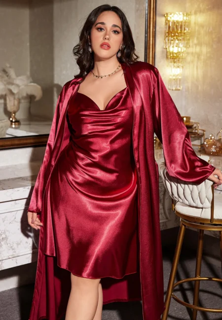 Plus Size Printed Solid color Home Wear Bathroom Thin Outerwear Long Style Sleepwear Lace Up Nightgown Two-piece Set for Women