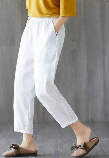 Cotton Linen Wide Leg Cropped Pants - Elastic Waist Comfort