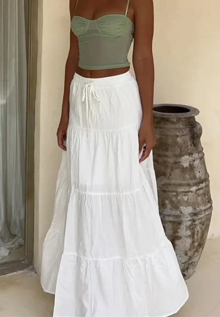 Y2 K Boho Lace Ruffle Maxi Skirt High Waist Flowy Prairie