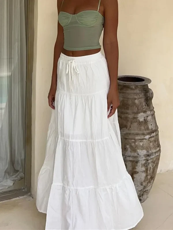 Y2 K Boho Lace Ruffle Maxi Skirt High Waist Flowy Prairie