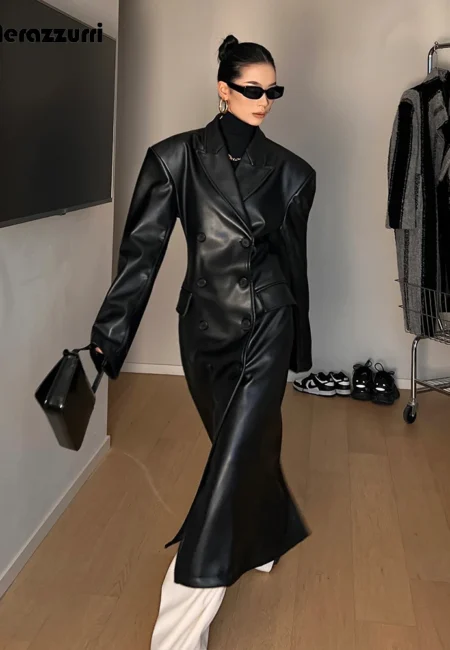 Luxe Black Faux Leather Trench Coat Double Breasted Women