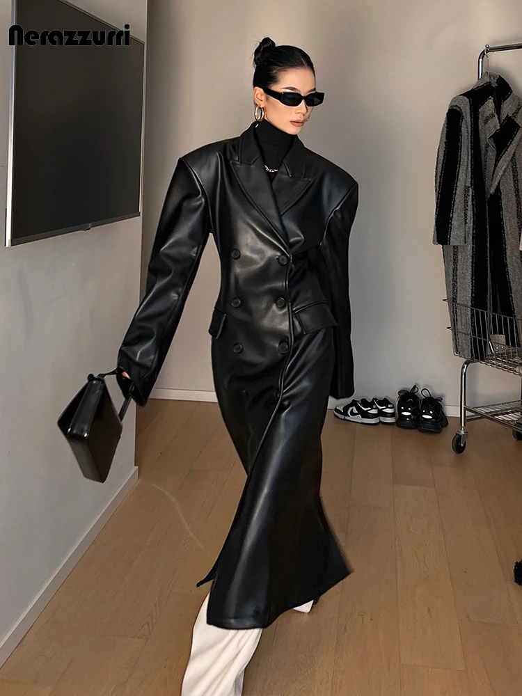 kf-S3d93d3aceba94e709f1db6ddf53844f1N Luxe Black Faux Leather Trench Coat Double Breasted Women