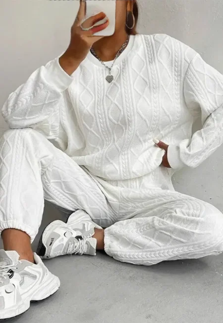 Luxurious Twill Polyester Top & Pants Set - Autumn Winter Style