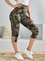 Chic Plus Size Camo Capri Leggings with Trendy Cutouts