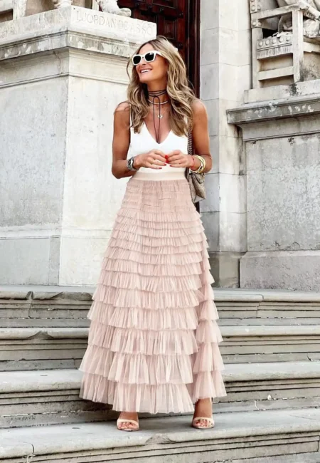 Elegant High-Waist Tulle Maxi Skirt for Modern Women