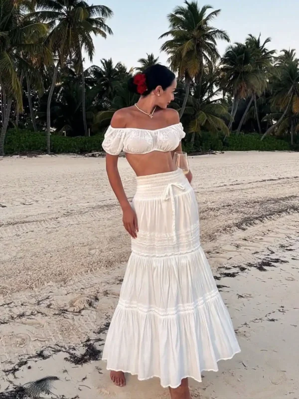 Boho-Chic Women's High Waisted White Lace Maxi Skirt